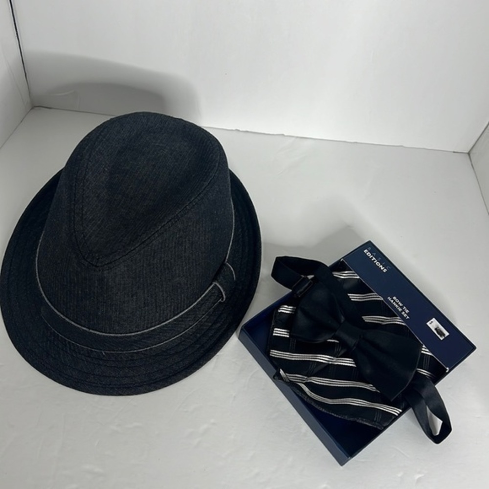LEVI MENS CHARCOAL HAT AND BASIC EDITION BLACK AND WHITE BOW TIE HANKIE SET